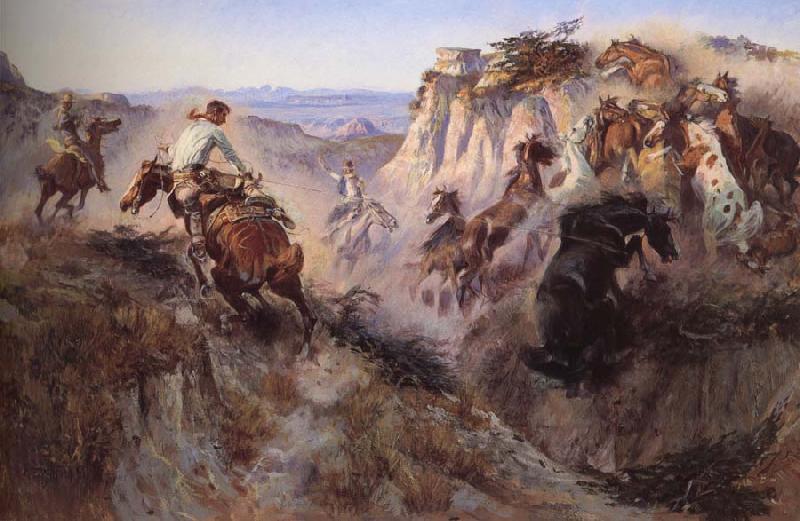 Charles M Russell Some people chase the bronchos oil painting picture